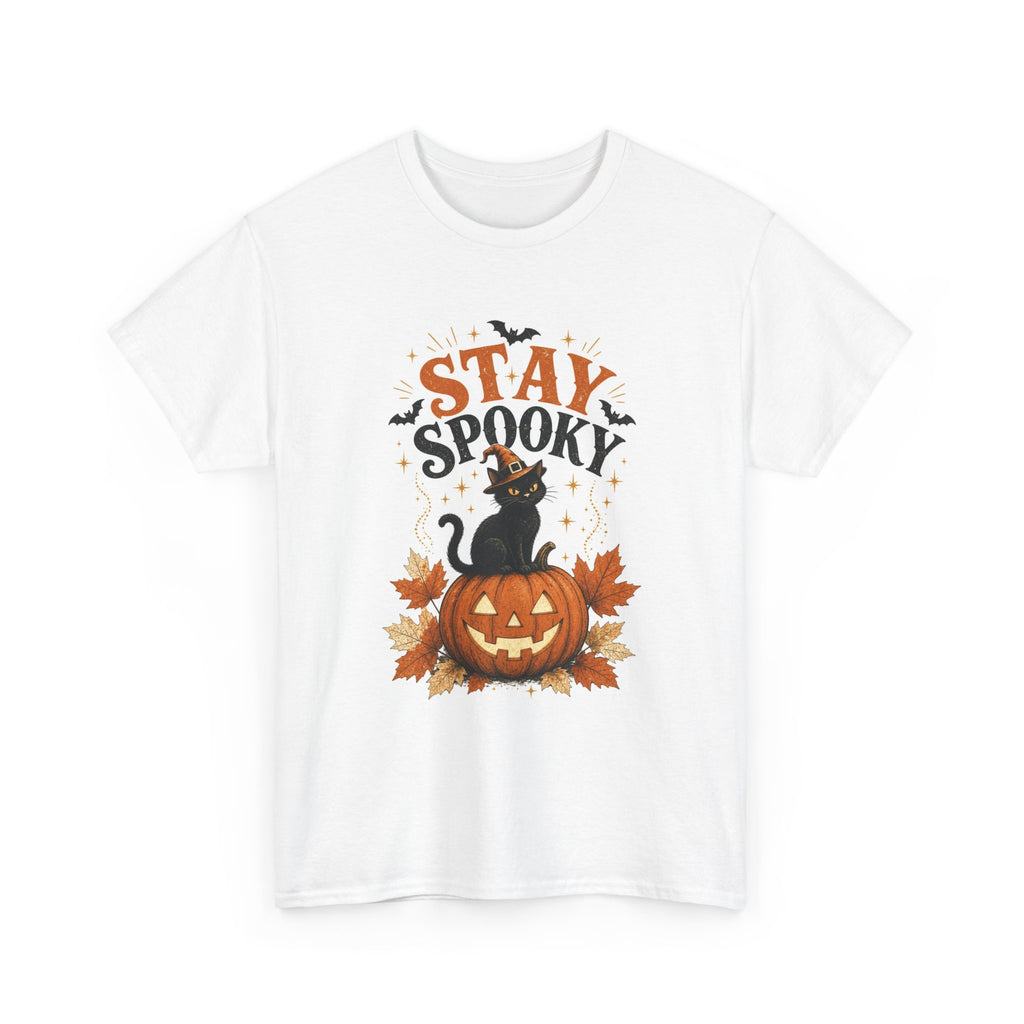 Stay Spooky Halloween T-Shirt — Black Cat on Pumpkin Tee