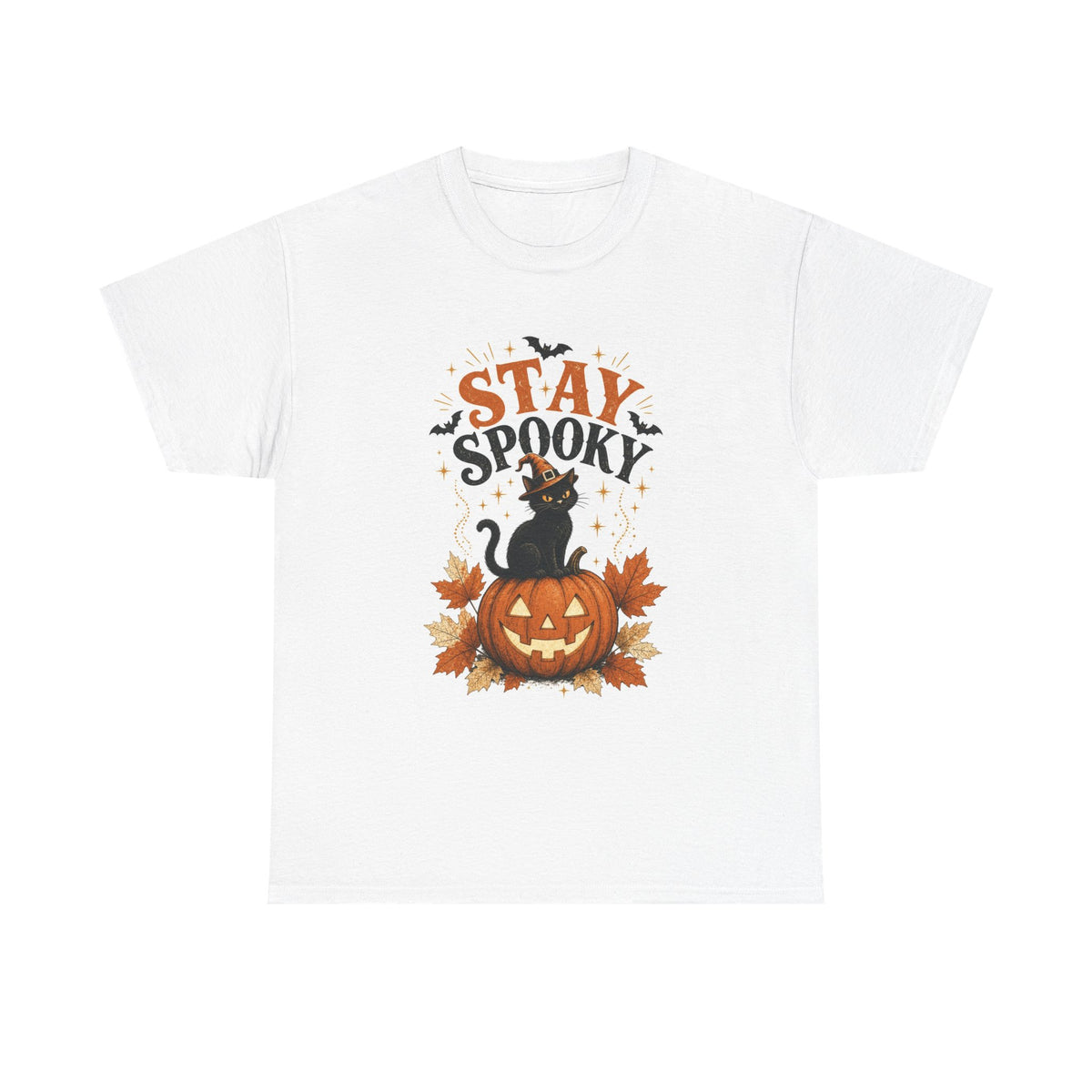 Stay Spooky Halloween T-Shirt — Black Cat on Pumpkin Tee
